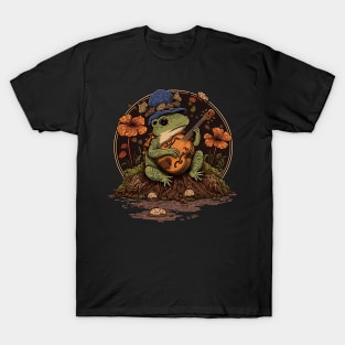 Cottagecore aesthetic cute frog playing ukelele on Mushroom T-Shirt